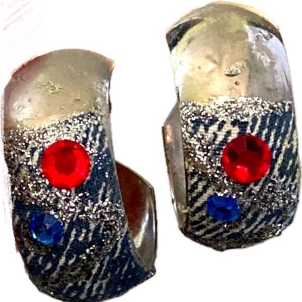 80s vintage rhinestone crescent hoop earrings bedazzled jean glitter denim